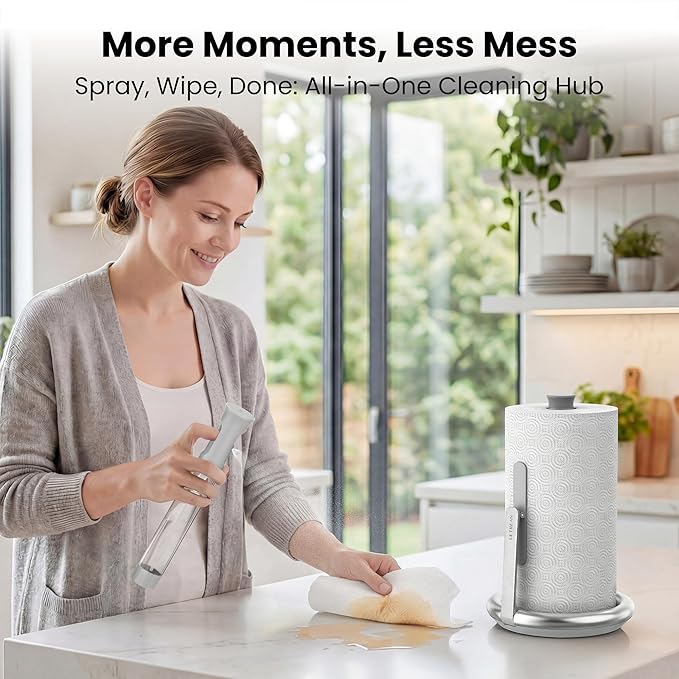 Ultrean Paper Towel Holder with Spray Bottle, Countertop Freestanding Paper Towel Dispenser with Spring-Loaded Tension Arm for One-Handed Tear, Weighted Non-Slip Base, Stainless Steel for Kitchen