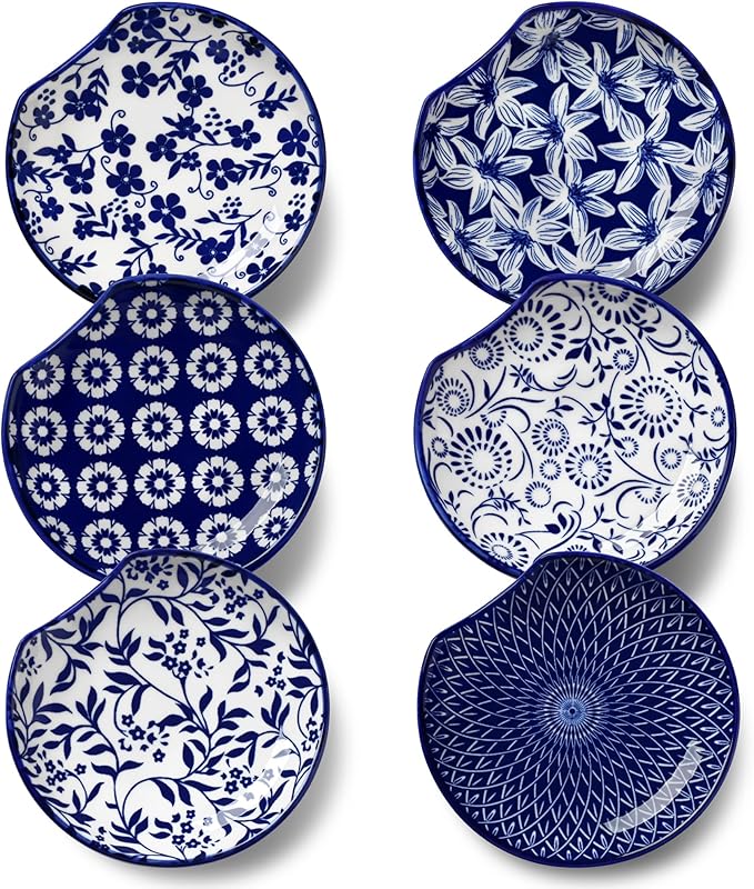 vancasso 6-Pack Ceramic Spoon Rest for Stove Top, Decorative Ceramic Cooking Spoon Holder for Kitchen Counter, 4.8 Inch Blue White Chinoiserie Floral Spoon Rest, Farmhouse Style, Heat-Resistant