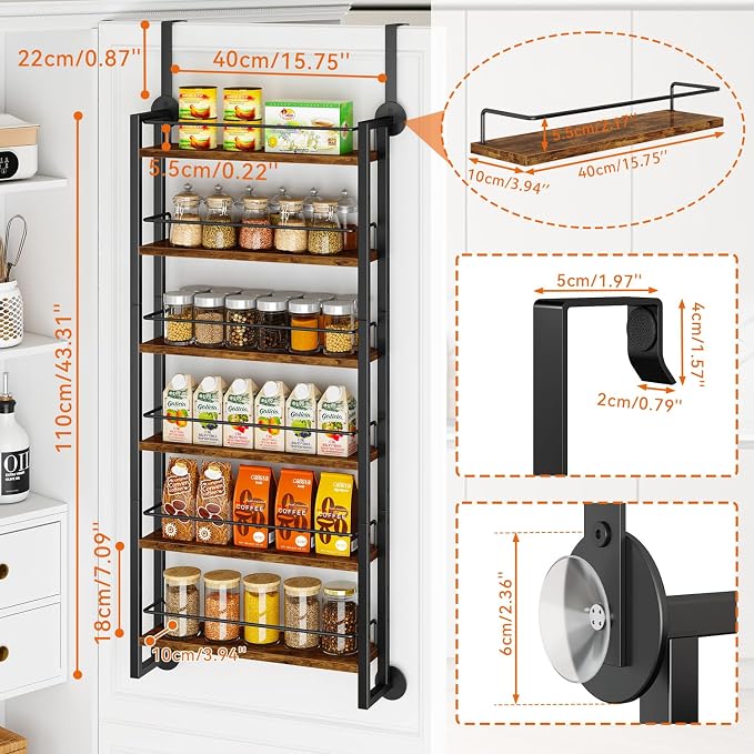IBUYKE 6 Tier Over The Door Pantry Organizer,Wall Mounted Spice Rack,Door Hanging or Wall,Adjustable Hanging Storage Shelves,Spice Organization for Kitchen cabinet,Bathroom,Closet,Brown UTLJ028H