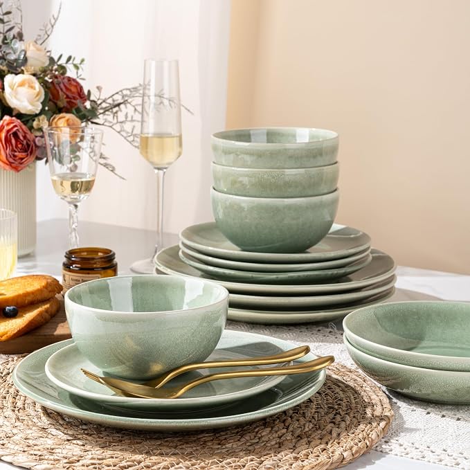GBHOME 24 Pieces Double Bowls Dinnerware Sets for 6, Stoneware Plates and Bowls Set with Reactive Glaze, Scratch Resistant Stoneware Dishes Set, Dishwasher & Microwave Safe-Light Green