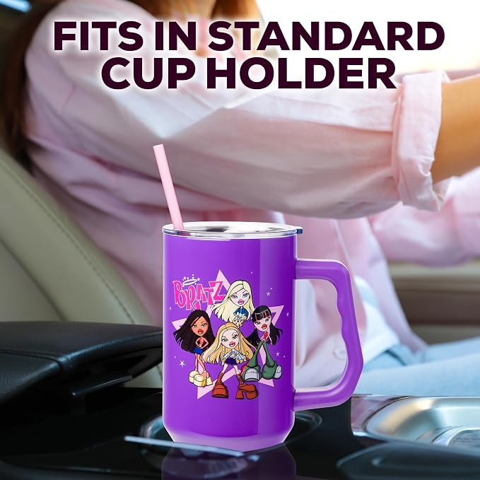Silver Buffalo Bratz Featuring Cloe, Yasmin, Jade, and Sasha Double Walled Stainless Steel Tumbler with Handle and Straw, Fits in Standard Cup Holder, 40 Ounces