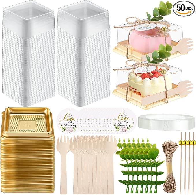 Honeydak Clear Cake Containers Mooncake Boxes with Lids, Wedding Dessert Cupcake Box with Forks, Thank You Tags Eucalyptus Leaves, Mini Cake Packaging for Wedding Favors Birthday Party(Gold,50 Sets)