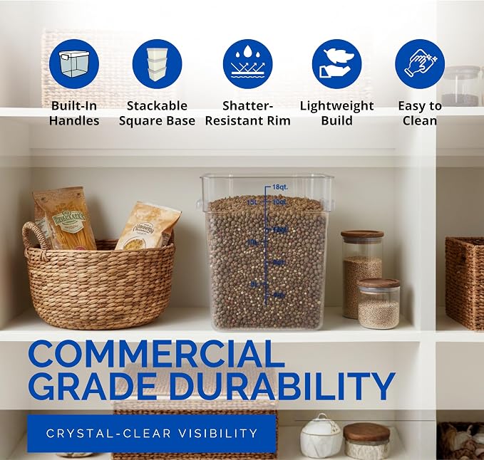 FSE 373-FC18C Food Container, 18 Qt Square Clear Storage Container with Measurement Markings, Stackable Space-Saving Design, Durable Construction, NSF, Lid Sold Separately