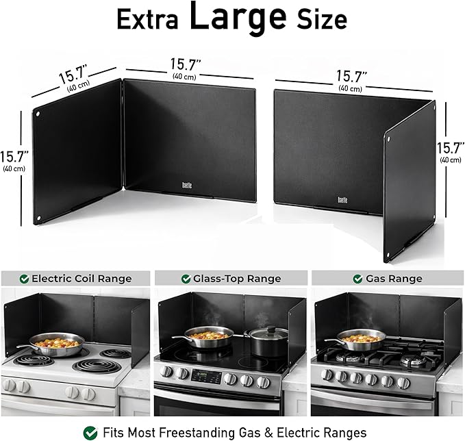 Extra-Large 2-Piece Splatter Guard (15.7” x 15.7”), Heavy-Duty, Commercial-Quality Stainless Steel Oil Splash Shield with Foldable 2-Panel Design & Silicone Spoon Rest by Baetle