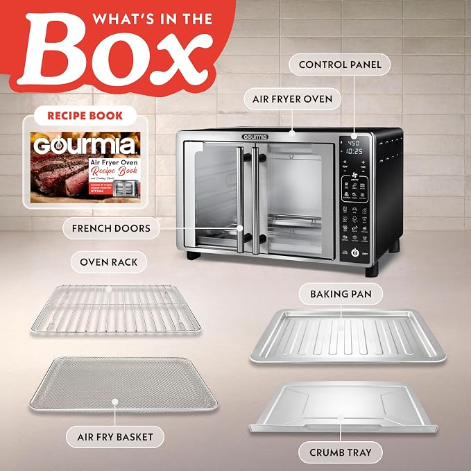Gourmia Air Fryer French Door Toaster Oven - 6-Slice Capacity, LED Display with 19 Cooking Presets, Stainless Steel