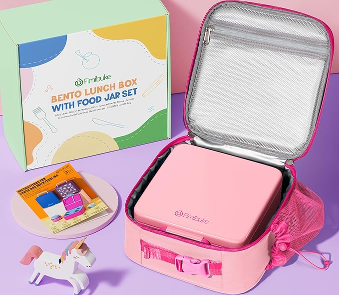 Fimibuke Kids Bento Lunch Box with Thermo, Leakproof Toddler Bento Box with 8.5OZ Insulated Food Jar, Lunch Bag & Utensils BPA Free Dishwasher Safe 3 or 4 Compartment Container for School Girls Boys