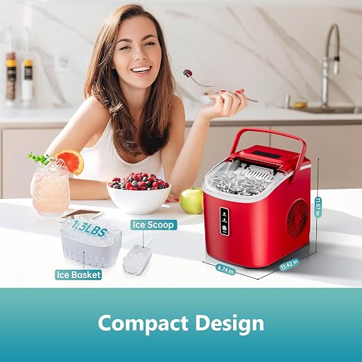 EUHOMY Countertop Ice Maker Machine with Handle, 26.5lbs Per Day, 9 Cubes in 6 Mins, Auto-Cleaning Portable Ice Maker with Basket and Scoop, for Home/Kitchen/Camping/RV (Red)