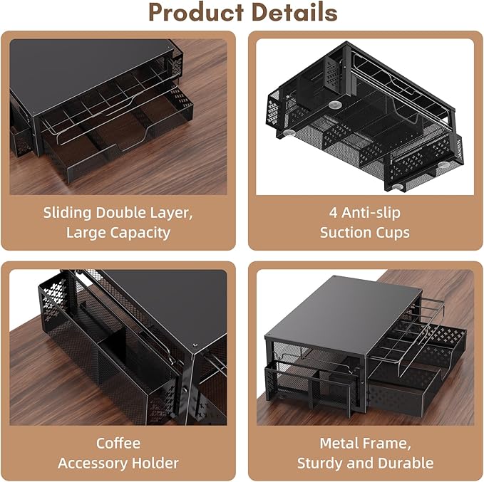 Ekisemio 2-Tier K Cup Organizer with Sliding Drawer & Side Baskets, Black | 63 K-Cups or 83 Capsules| Sliding Drawers | Side Baskets | Sturdy Metal Frame | Tool-Free Assembly | Space Saving | Black