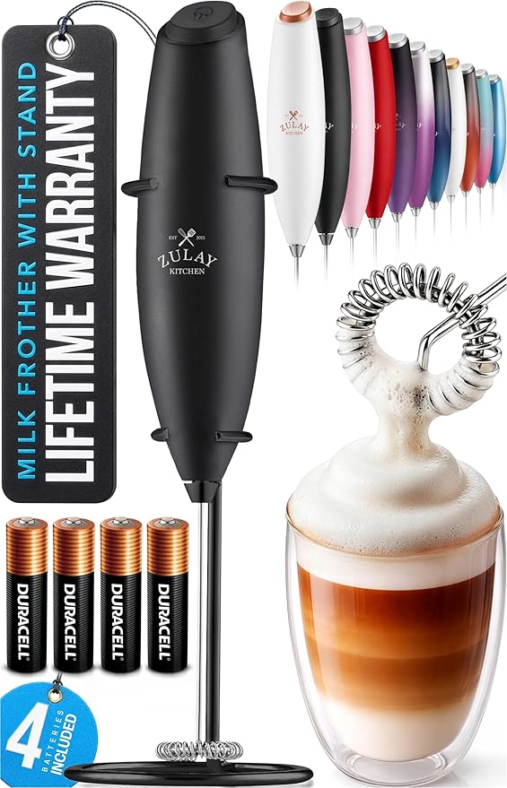 Zulay Kitchen Powerful Milk Frother Wand With 4 AA Duracell Batteries - Ultra Fast Handheld Drink Mixer - Electric Whisk Foam Maker for Coffee, Lattes, Cappuccino, Matcha & Creamer - Executive Black