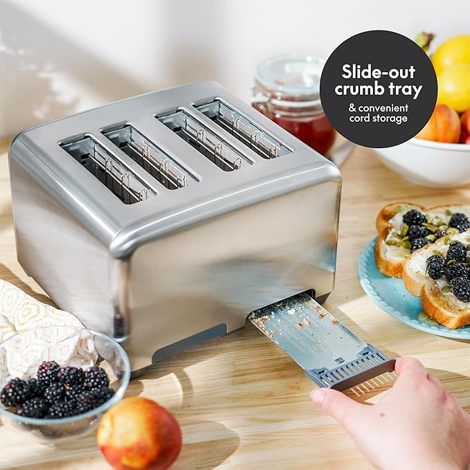 bella 4 Slice Toaster with Auto Shut Off, Extra Wide Slots and Removable Drop-Down Crumb Tray with Cancel and Reheat Function, For Texas Toast, Large Bread & Bagel, Stainless Steel