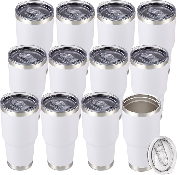 30 oz Tumbler with Lid Stainless Steel Tumblers Bulk Vacuum Insulated Cup Reusable Powder Coated Travel Mug Double Wall Leak Proof Cups Keep Cold Drinks for 12 Hours White, Set of 12