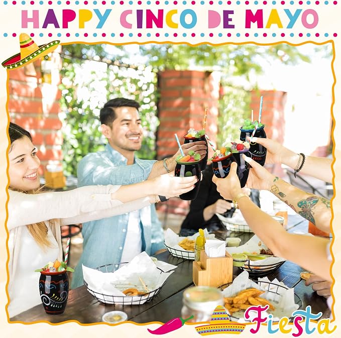 Gejoy 12 Pack 12oz Cantaritos de Barro Mexicanos Mexican Clay Cup Pottery Fiesta De Barro Mexicanos Cocktail Cups Coffee Mugs Cocktail Tea Glasses for Margaritas Mojitos (Dark,Black)