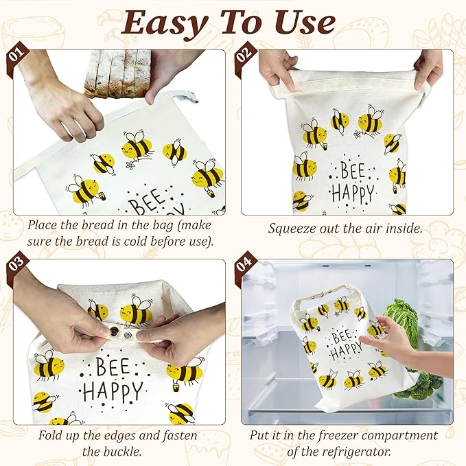 Bread Bags for Homemade Bread, Bee Happy 2 Pack Linen and Beeswax Sourdough Storage Bags, Reusable Keeper, Keeps Breads Fresh Longer, Gifts for Bakers
