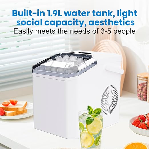 Countertop Ice Maker Machine with Portable Handle, Basket and Scoop, 26lbs Daily, 9 Ice Cubes Ready in 6 Mins, Auto-Cleaning for Home, Kitchen, Office, Outdoors, RV Camping.