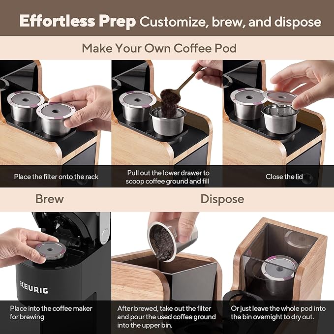 Coffee Pod Maker Stand, Solid Wood Reusable K-Cup Filter Holder & Filling Station with Coffee Ground Storage Drawer & Waste Bin, Countertop Wood Coffee Bar Organizer, Easy Daily Refill (Oak)