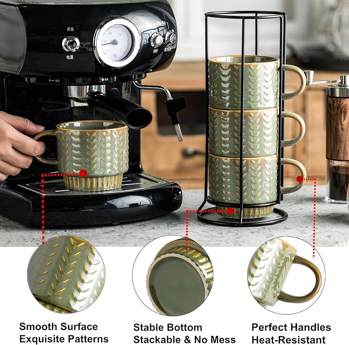 Miamolo Stackable Coffee Mugs Set of 4 with Spoons & Rack, Space-saving | 13oz, Ceramic, Dishwasher Safe, for Espresso Drinks Latte Cappuccino Tea, Turkish Coffee Cup, Housewarming Wedding Gift