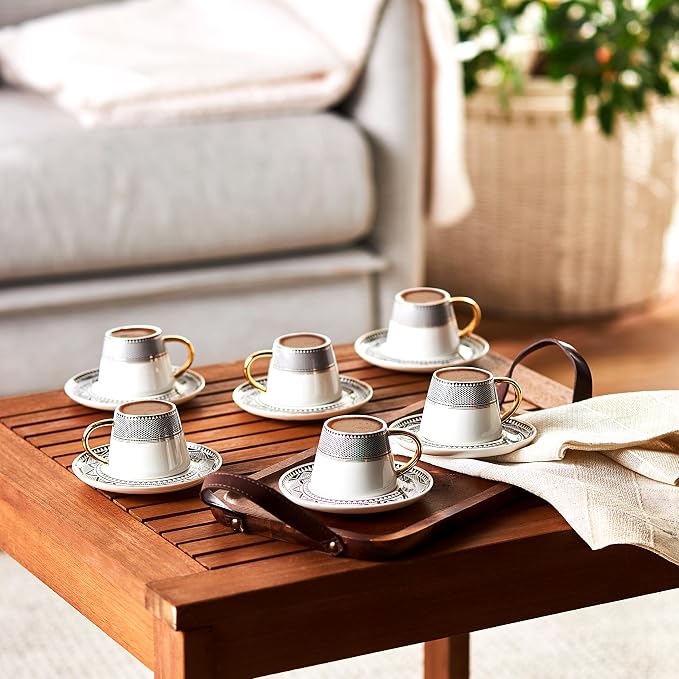 KARACA Globe Turkish Coffee Cup Set of 6, 80ml, 2.7 oz, Small Espresso Cups with Saucers, Porcelain, Black Patterns, and Gold Handles, Ideal for Serving Greek, Arabic Coffee