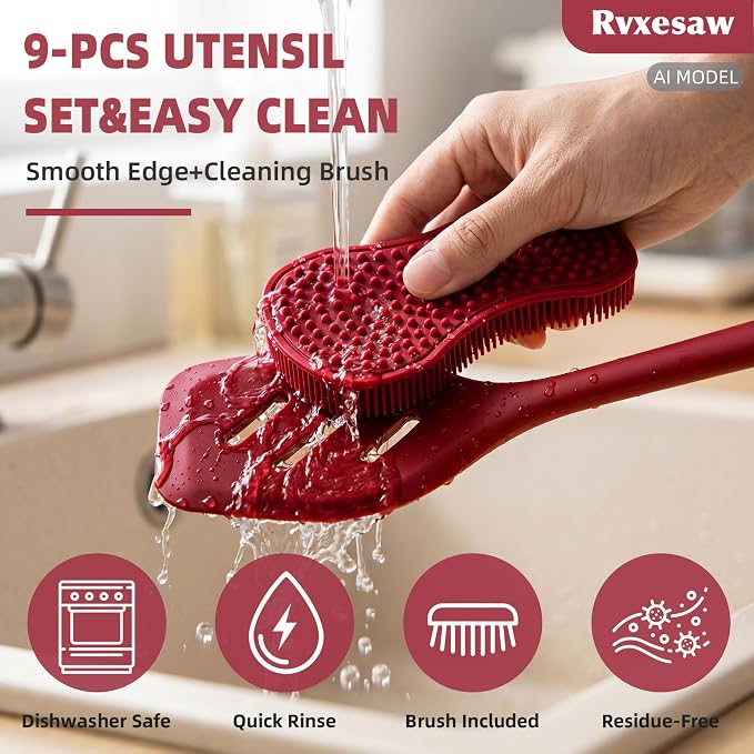 Kitchen Utensils Set,9 PCS Silicone Cooking Utensils Set Spatula Set,Cooking Utensils Tool,Tongs,Spoon,Whisk,Brush,Dishwasher Safe Kitchen Gadgets for Non-Stick Cookware,Home Essential(Red)