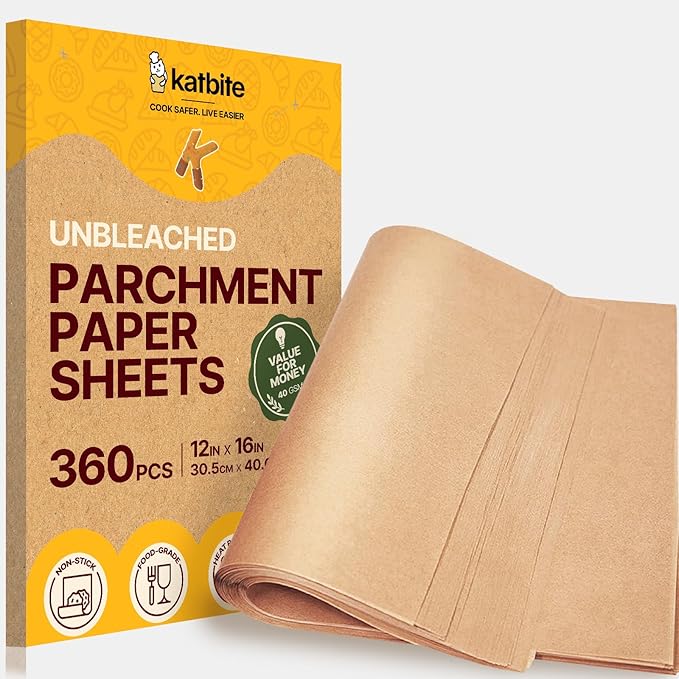 Katbite Parchment Paper Sheets 360 PCS, 12x16 Inches Precut Unbleached Baking Parchment, Non-stick, Non-toxic, Heavy Duty Flat Baking Paper for Oven, Cooking, Grilling, Air Fryer and Steaming