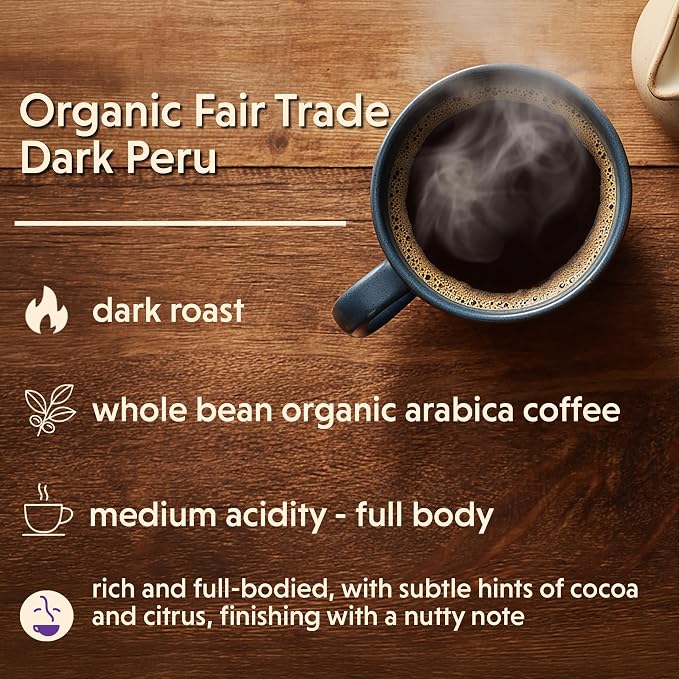 Coffee Bean Direct Organic Fair Trade Dark Peru, Whole Bean Coffee, Arabica Coffee, Dark Roast, 1 Pound Bag (Pack of 1)