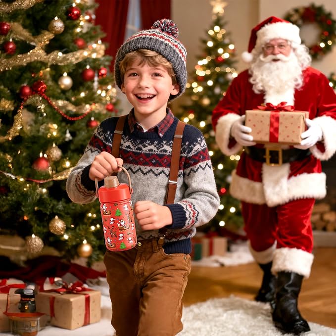 12 oz Kids Christmas Insulated Water Bottle: 2-in-1 Straw Spout Lid, Leakproof, BPA-Free, Keep Cold 24H, Stainless Steel Cup with Carrier Bag for Party, Travel, Holiday Gift (Santa's Jolly Wishes)