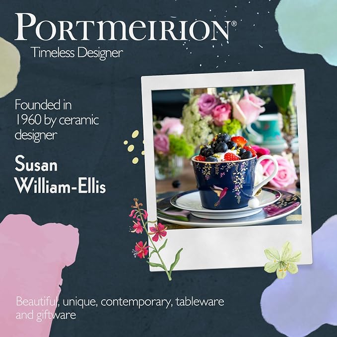 Portmeirion Sara Miller London Chelsea Teacup and Saucer, Navy | 8 Oz Cup for Drinking Tea and Coffee | Made from Fine China with Gold Detail | Handwash Only