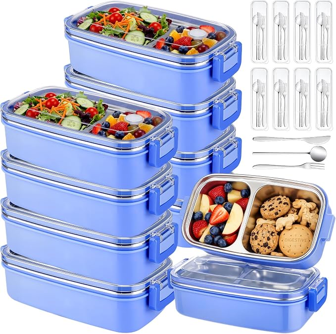 8 Pack Stainless Steel Snack Containers, Leakproof 2-compartment Metal Bento Boxes with Utensils & Travel Cases, Portable Small Food Storage Containers for Office, Gym, Hiking, Camping