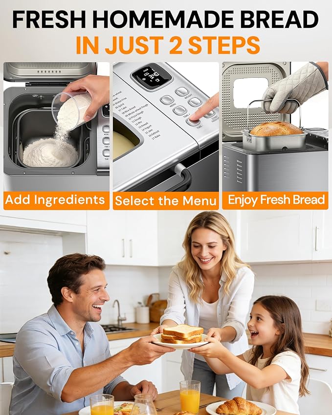 Bread Maker, 2LB Stainless Steel Bread Machine, 17-in-1 Automatic Settings, Non-Stick Pan, Beginner-Friendly Controls, Easy to Clean, Low Noise, High Success Rate for Homemade Bread