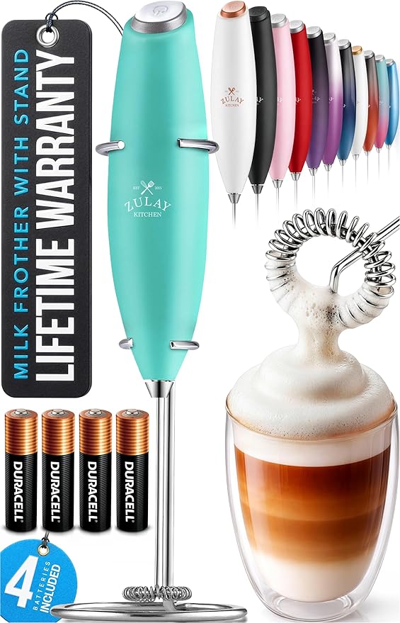 Zulay Kitchen Powerful Milk Frother Wand With 4 AA Duracell Batteries - Ultra Fast Handheld Drink Mixer - Electric Whisk Foam Maker for Coffee, Lattes, Cappuccino, Matcha & Creamer - Aqua