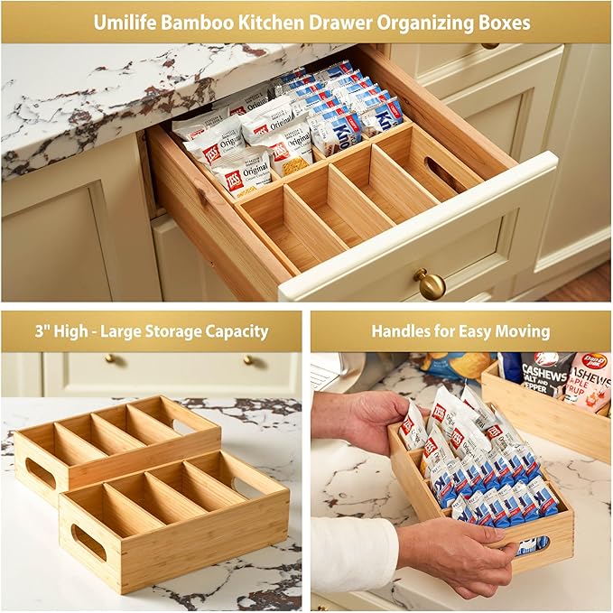 Umilife Large Bamboo Pantry Organizers and Storage Bins with Removable Dividers, Kitchen Drawer Cabinet Countertop Organization for Snack, Spice Packets, Teabags, Seasoning Pouches (2 Pack)