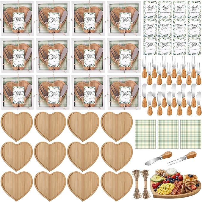 LemonRoad 12 Set Vintage Bridal Shower Gifts Bamboo Heart Shaped Charcuterie Board with Utensils Kitchen Towels Thank You Tags for Baby Shower Wedding Bridal Birthday Holiday Party Favors Housewarming