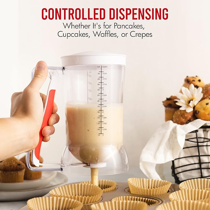 Pancake Batter Dispenser - Kid Friendly & Mess Free Cupcake Batter Dispenser with Squeeze Handle for Precise Portion Control, Also Perfect for Waffles, Crepes, Cakes (4 Cup Capacity)