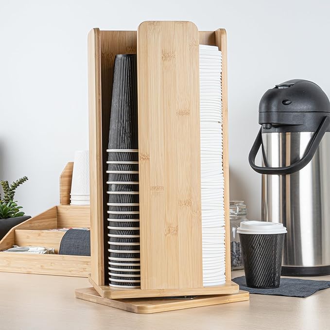 Restaurantware Restpresso 9 x 18 Inch Coffee Cup and Lid Organizer 1 Revolving Cup and Lid Holder - 4 Section Countertop Natural Bamboo Cup and Lid Dispenser For Restaurants Homes or Offices