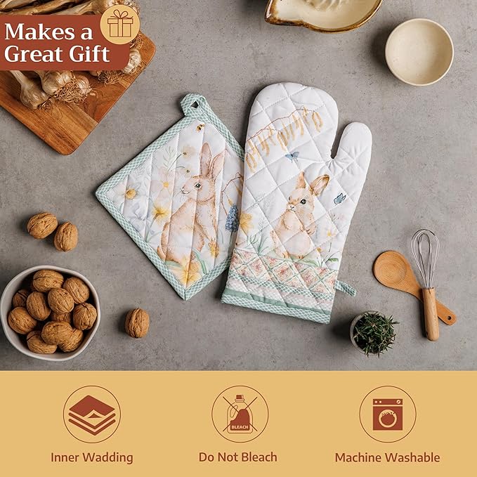 Maison d'Hermine Oven Gloves 100% Cotton Oven Mitt 7" x 13" with Loop Heat Resistant BBQ Cooking Gloves Baking Grilling Gifts for Mothers Day Spring/Summer (Pack of 1, Easter Dew)