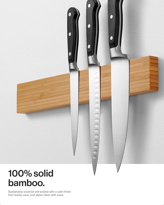 LARHN Magnetic Knife Holder for Wall, 16″ - Powerful Knife Magnetic Strip for Knives, Utensils and Tools - Not Compatible with Refrigerators - 100% Solid Bamboo