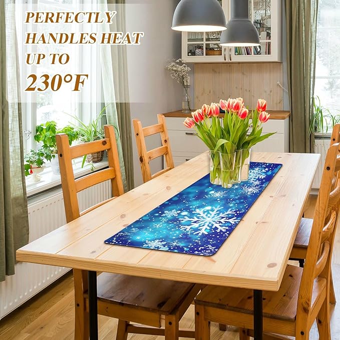ALAZA Christmas Blue Glitter Snowflakes Trivet Table Runner 40 Inches Long Trivet for Hot Pots and Pans/Hot Dishes,Table Protector Heat Up to 230F, Decorative Hot Plates Mat for Kitchen Countertop