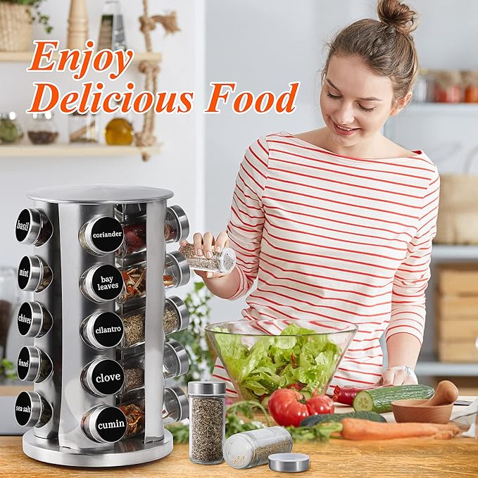 DOUBLE 2 C Revolving Spice Rack with 20 Jars, Rotating Spice Rack Organizer, Seasoning Organizer with Labels, Stainless Steel Spice Carousel for Kitchen Countertop, Cabinet