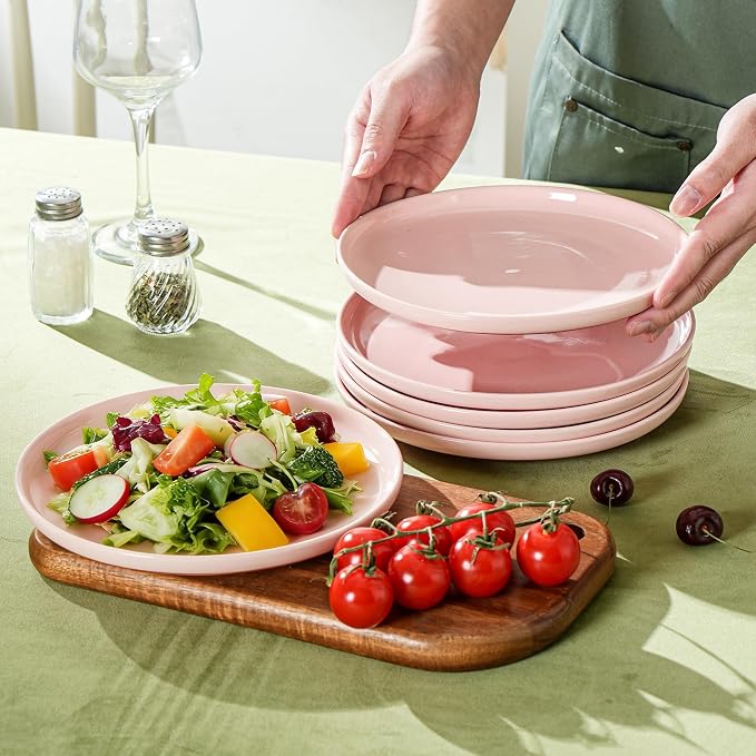 Ceramic Salad Plates Set, 8 Inch, Set of 4, Elegant Pink | Stoneware, Dishwasher & Microwave Safe, Small Dinner Plates, For Cake, Fruits, Waffle, Pasta, Salad