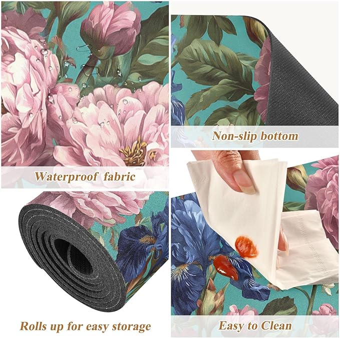 2-in-1 Table Runner Trivet for Hot Dishes Heat Resistant Hot Plate Mat Pad 39x12 Inch Waterproof Table Protector Trivets for Countertop Non Slip Decorative Turquoise Peonies and Irises