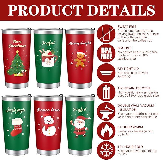 Skylety 6 Pcs 20 oz Christmas Travel Mug Stainless Steel Tumbler Cup with Lid Vacuum Double Wall Insulated Travel Coffee Christmas Gifts Mugs for Drinking Women Men Coworker Friends
