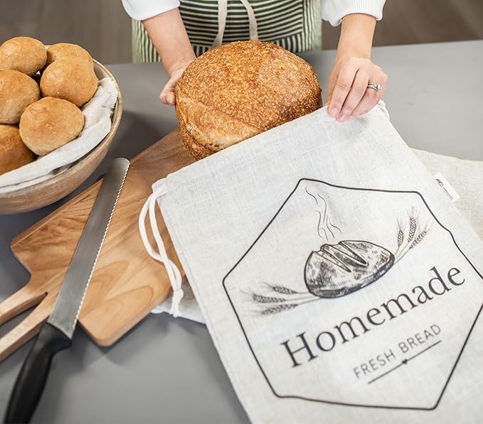 2 Pack XL Bread Bags for Homemade Bread, 18 x 14 in Organic Linen Sourdough Bags – Reusable Bread Storage Bags, Keeps Bread Fresh Longer – by Homemakers Harmony