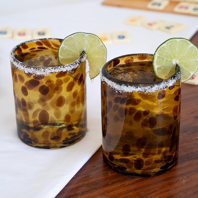 Tortoise Shell Hand Blown Tumbler Glasses Set of 6 | Amber Drinking Glasses | Mexican Glassware | 10 oz tumbler | Hand blown Mexican Drinking Glasses for Cocktails, Wine & Tequila