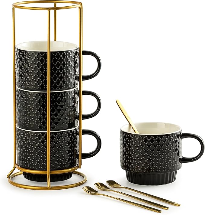 Gomakren Coffee Mugs Set of 4, 13 Ounce Stackable Coffee Mug Set with Stand, Father's Day Stoneware Coffee Cup with Spoon for Coffee, Milk, Tea, Cocoa, Black