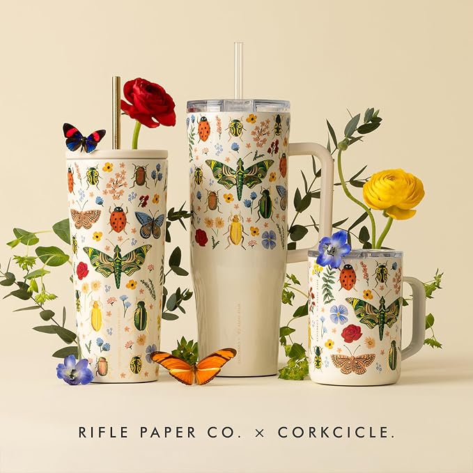 Corkcicle x Rifle Paper Co. Cruiser Insulated Tumbler with Handle & Straw - Keeps Drinks Cold 20 Hours - BPA-Free - Gift for Mom - Great for Mother's Day or Christmas - 40 oz - Curio Cream
