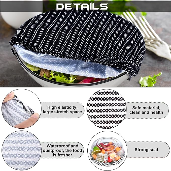 Patelai 10 Pcs Bowl Covers Reusable in 5 Size Stretch Cloth Fabric Elastic Food Storage Bowl Covers Bread Sourdough Lids for Proofing Food Fruits Leftover(Black, White, Blue,Plaid Style)