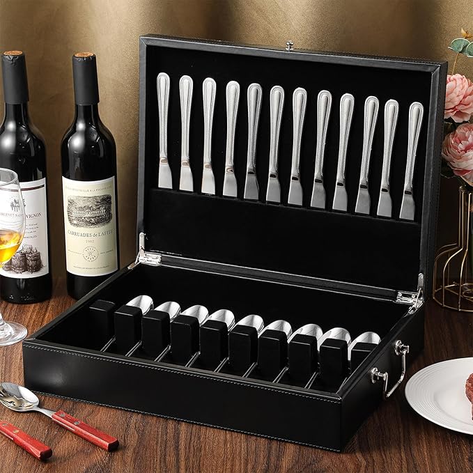 DoubleFill 1 Layer Leather Silverware Storage Box with Lid and Handles, Anti Tarnish Silverware Storage Chest Case with Felt-lined for 12 Sets of Utensils Flatware Gifts, 15.3x11.2x3.6 Inch