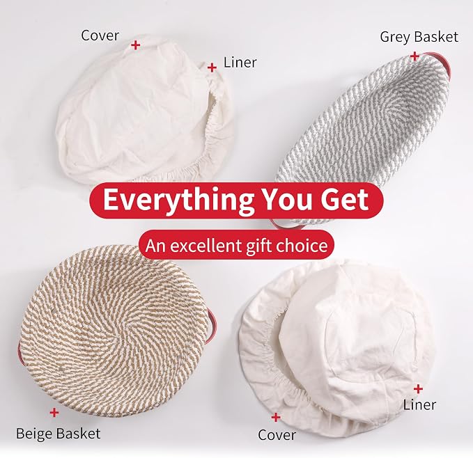 Banneton Bread Proofing Basket - Oval & Round Sourdough Bread Baskets Set - With Liner & Cloth Cover - For Bread Storage (Grey & Khaki Set) - Cotton Rope - Mother's Gifts