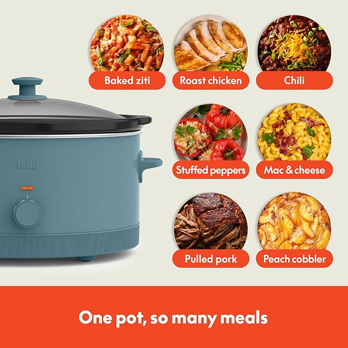 bella 6.0 Qt Manual Slow Cooker, Ceramic Nonstick Coating, 3 Temperature Settings, Dishwasher Safe Stoneware Pot and Tempered Glass Lid, Cool Touch Handles & Tangle Free Cord Wrap, Surf