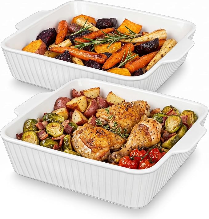 10" Square Ceramic Casserole Dish Set of 2-2.6 Qt Deep Baking Dishes with Handles for Oven, Lasagna Pan for Casseroles Cake Bread, Microwave Dishwasher Safe Bakeware Set, White