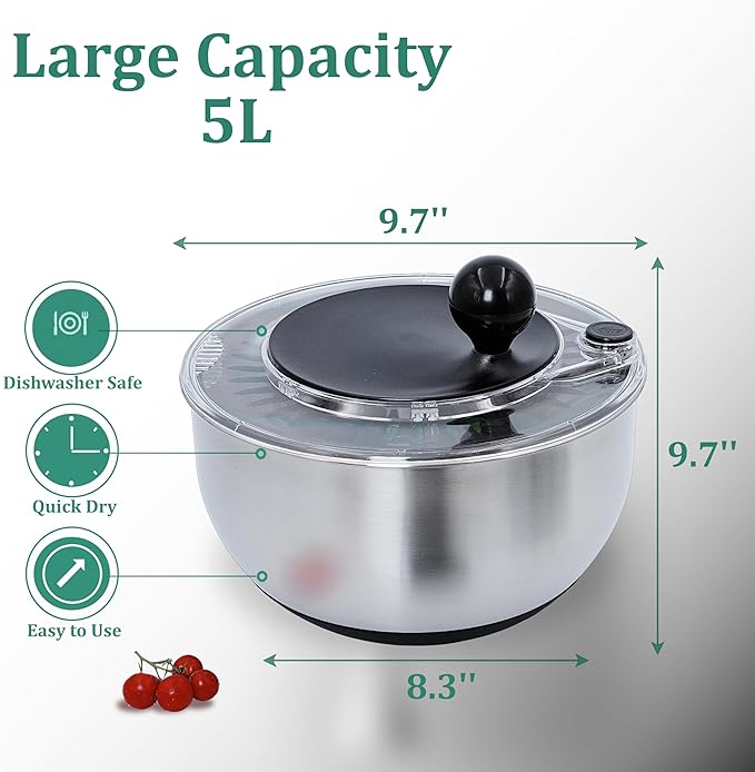 Stainless Steel Salad Spinner Large 5.28 Qt – Fast Drying Lettuce Spinner, Premium Durable Bowl for Washing & Drying Vegetables